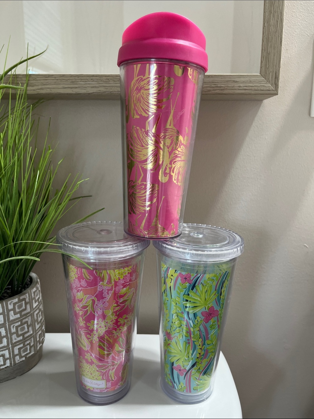 Lily Pulitzer-Set of 3 Pink/Green Floral Tumblers-20 oz-lids
